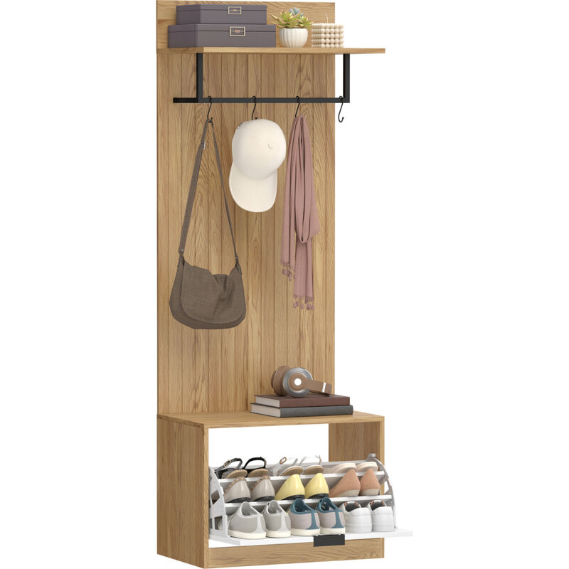 Vestiaire d'entrée - HOMCOM - 5 en 1 - banc à chaussures rabattable, étagère et 4 crochets - MDF - 60x30x170cm - chêne et blanc
