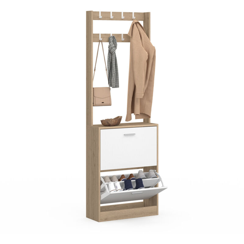 Vestiaire d'entrée KLARK meuble chaussures 2 portes effet bois et blanc