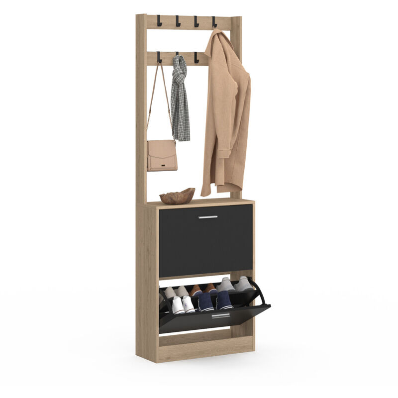 Vestiaire d'entrée klark meuble chaussures 2 portes effet bois et noir