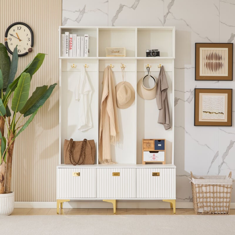 Modernluxe - Vestiaire d'entrée moderne - avec porte-manteau et rangements à chaussures - Blanc