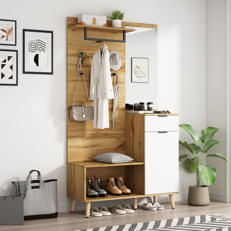 Neche - Ensemble de meubles d'entrée 6 en 1 avec miroir,Vestiaire d'entrée moderne en bois multifonctionnel de 190 cm,rangement pratique