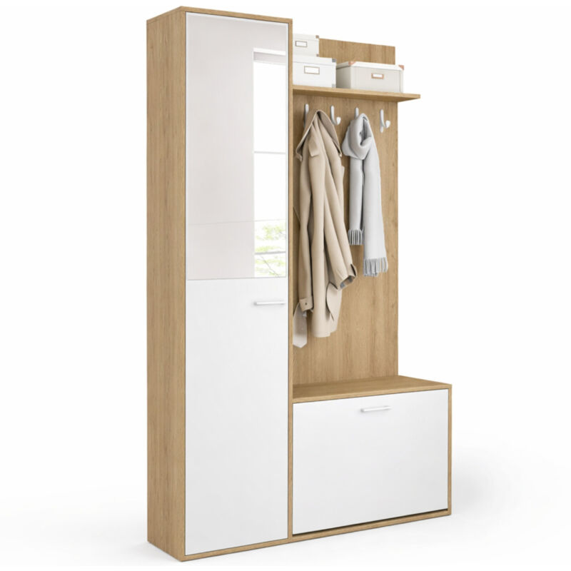 Vestiaire d'entrée rangement chaussures avec miroir et étagères MAHAUT 1 porte effet bois et blanc