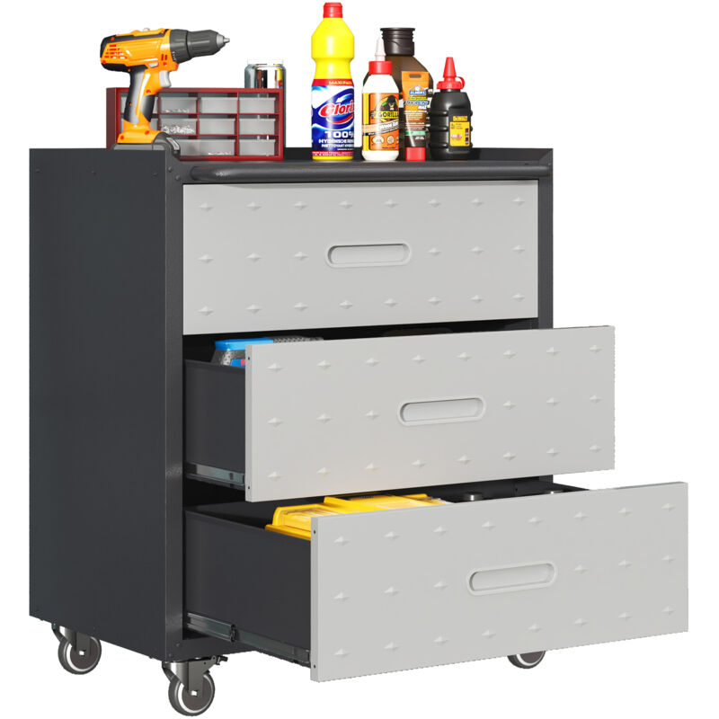 Vestiaire en métal - Armoire à outils métallique sur roulettes 75x42x88 cm – 3 tiroirs XXL, roulettes 360° verrouillables, poignée tube métal,