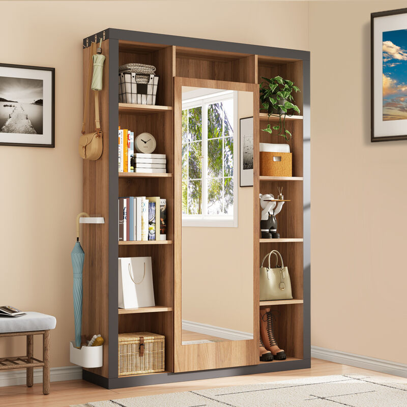 Vestiaire Ensemble d'entrée 3 en 1,Porte-manteau avec miroir,Vitrine multifonctionnel,Bibliothèque,Bac d'égouttage+crochets+cintres