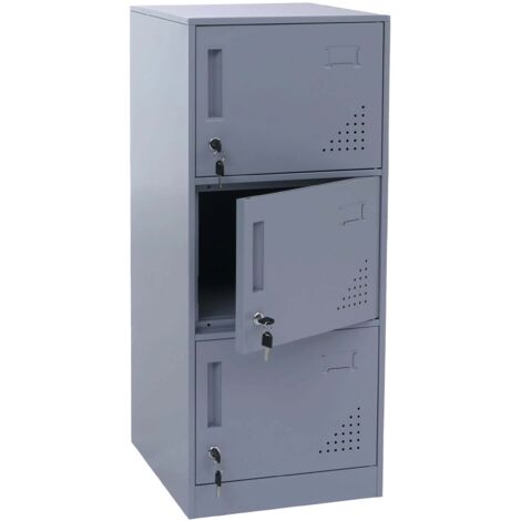 Vestiaire métallique 3 portes serrure avec clés porte-étiquettes et aérations 90x38x45 cm en acier laminé à froid gris 040008943