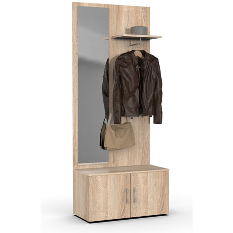 Vestiaire mural en bois mélaminé coloris imitation chêne + miroir - longueur 80 x hauteur 185 x profondeur 40 cm