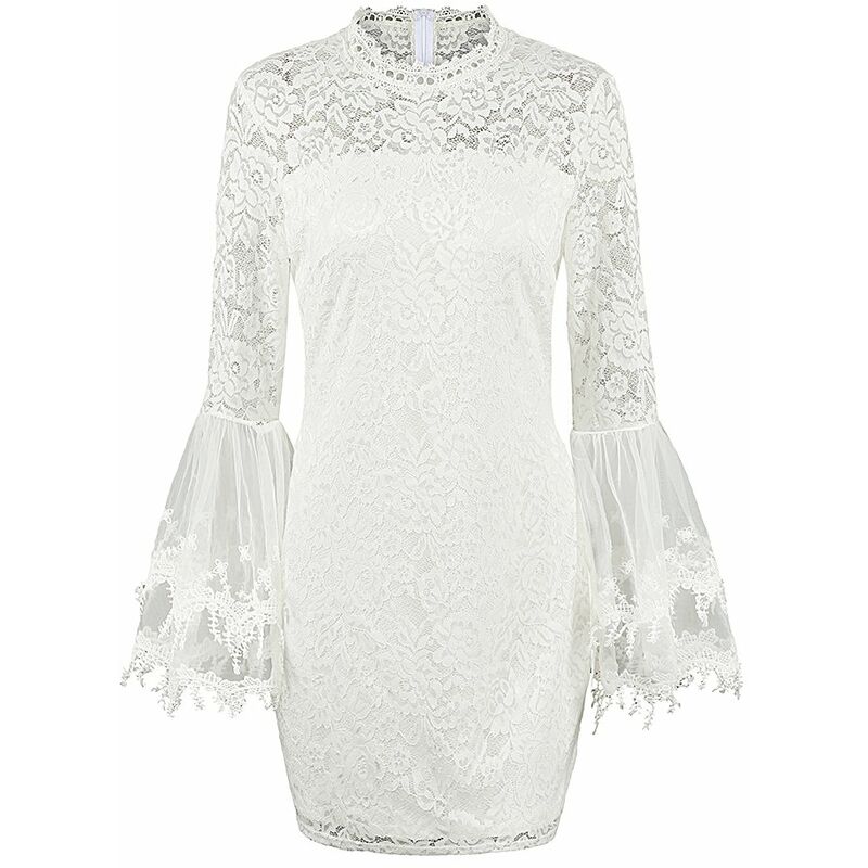

Vestido ajustado con manga acampanada de encaje floral para mujer Vestido elegante de fiesta con cuello alto y mini vestido, blanco, L