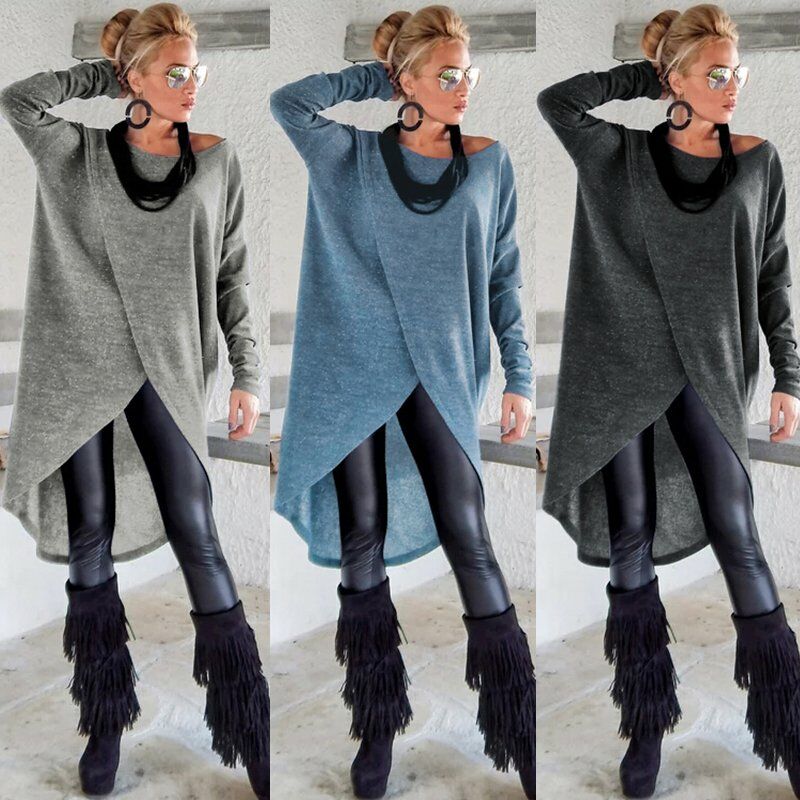 

Vestido asimetrico de moda para mujer, cuello redondo, manga larga, color solido, otono, primavera, vestido envolvente,Gris, XXL