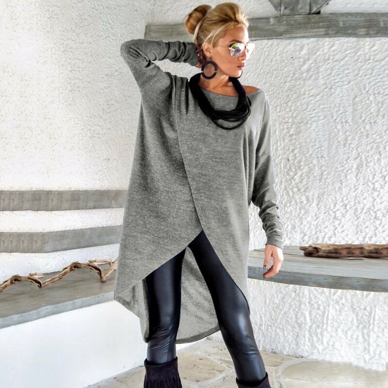 

Vestido asimetrico de moda para mujer, cuello redondo, manga larga, color solido, otono, primavera, vestido envolvente,Gris, XXXL