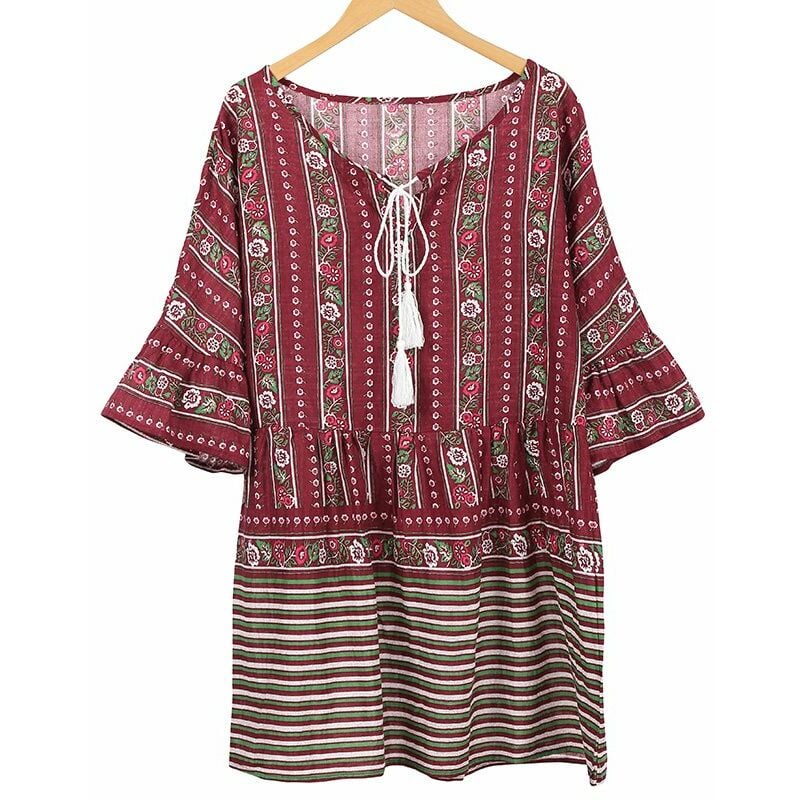 

Vestido bohemio vintage para mujer, estampado floral, borlas, manga acampanada, minivestido informal de verano suelto, blanco / rojo / azul,Rojo, XL