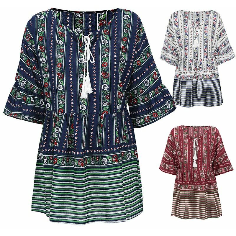 

Vestido bohemio vintage para mujer, estampado floral, borlas, manga acampanada, minivestido informal de verano suelto, blanco / rojo / azul,azul,S