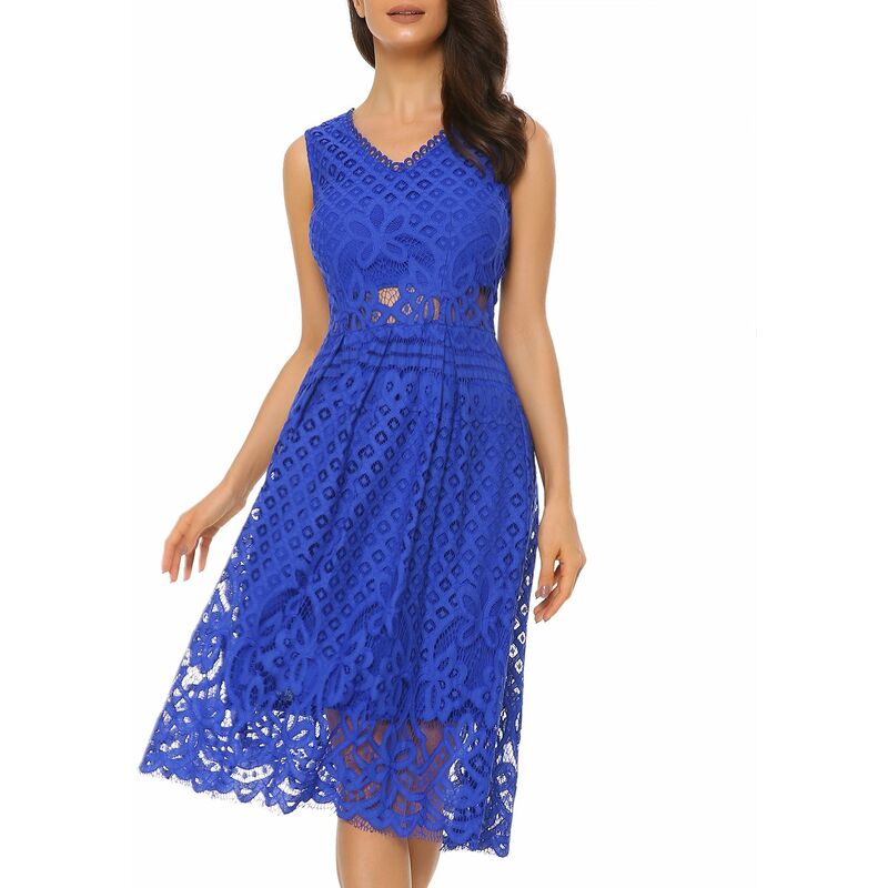

Vestido de fiesta de coctel elegante sin mangas con encaje y ajuste acampanado de moda para mujer, azul, L
