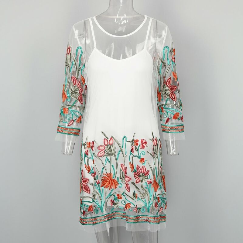 

Vestido de malla transparente sexy para mujer Vestido de camiseta de verano con tirantes finos con bordado de flores Negro / Blanco,Blanco,S