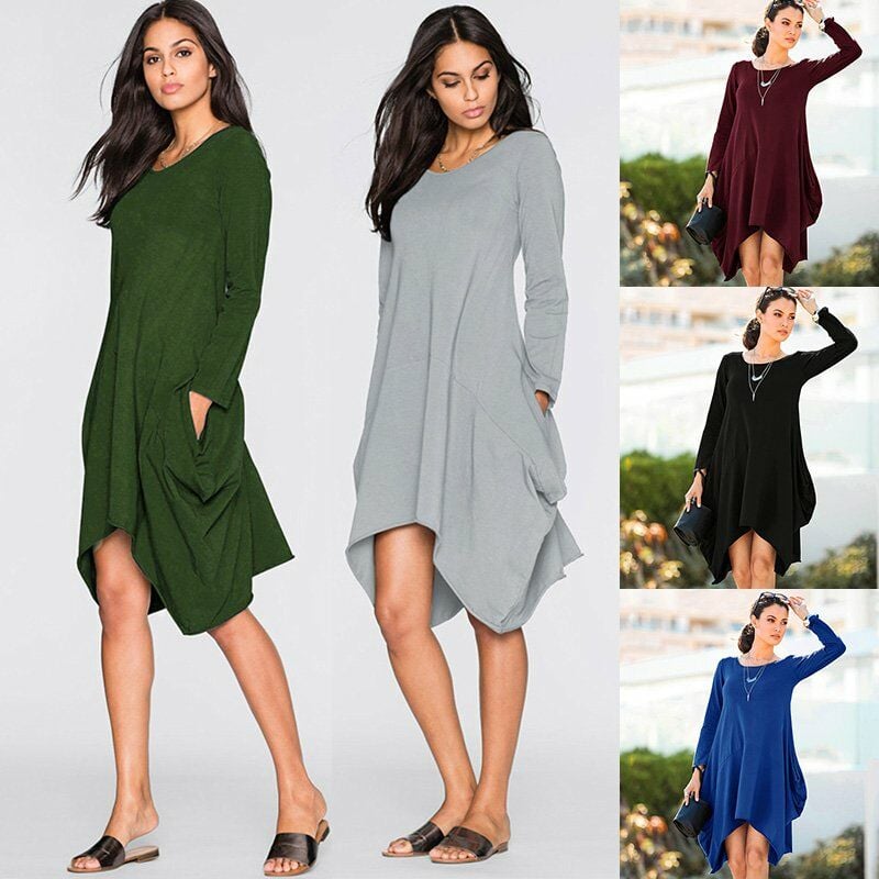 

Vestido de mujer Color solido Elastico Irregular Dobladillo Bolsillos Cuello redondo Manga larga Swing Vintage Mini de una pieza,Negro, M