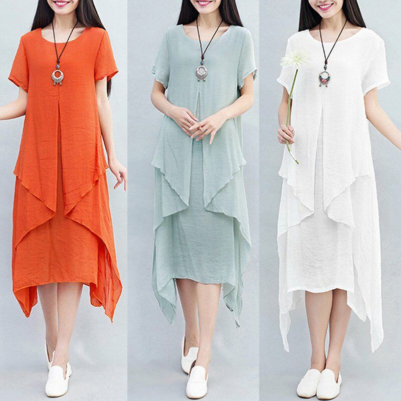 

Vestido de mujer Color solido Niveles irregulares Dobladillo asimetrico Vestido largo suelto Manga corta Elegante Una pieza