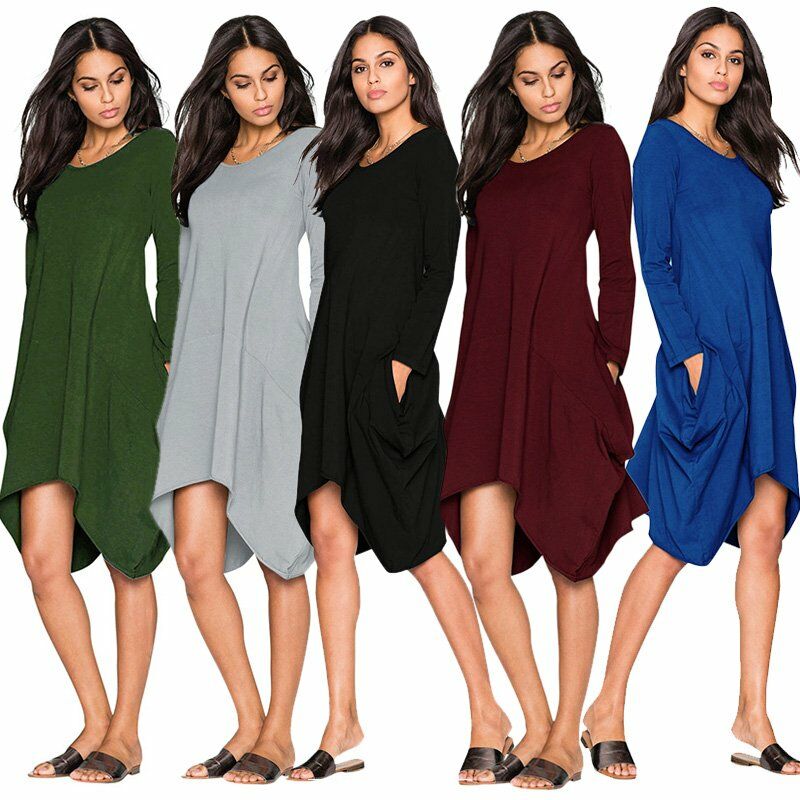 

Vestido de mujer Solido Elastico Irregular Dobladillo Bolsillos Cuello redondo Manga larga Swing Vintage Mini de una pieza,Borgona, S