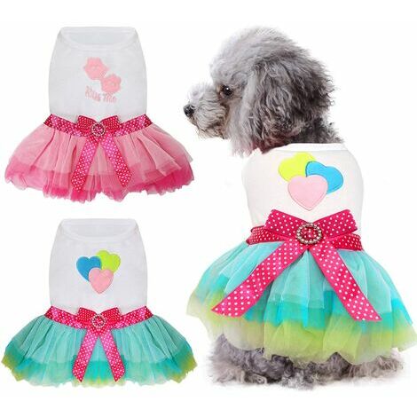 Vestido de perro pequeño DOPA lindo vestido de princesa tutú de 2 piezas vestido de cachorro con patrón de labios de corazón adecuado para niñas perros pequeños rosa azul L