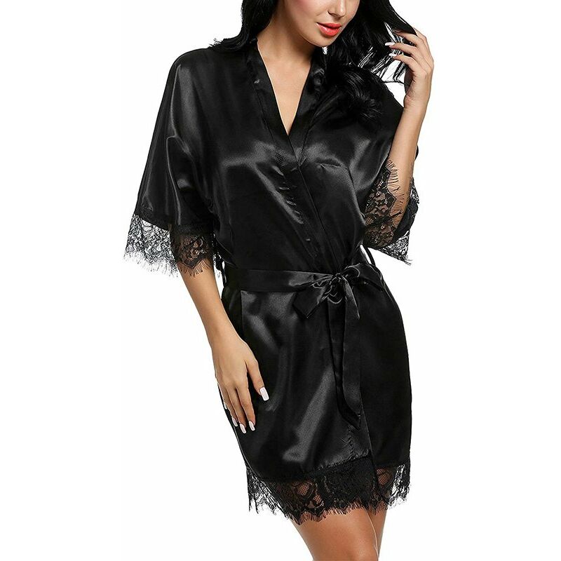 

Vestido de rebeca para mujer Camison camison de encaje Empalme con cuello en V Lenceria solida Ropa de dormir Pijamas,Negro, L