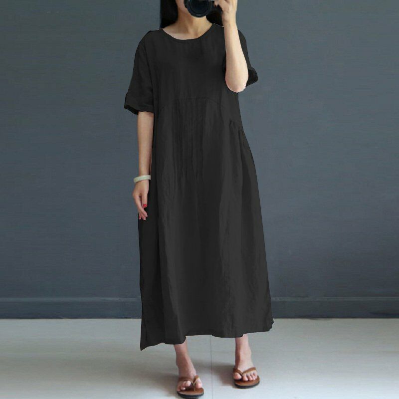 

Vestido de verano de mujer sexy Vintage O Cuello de manga corta Casual Bata de fiesta suelta Algodon Largo Maxi Vestido de talla grande,Negro, M