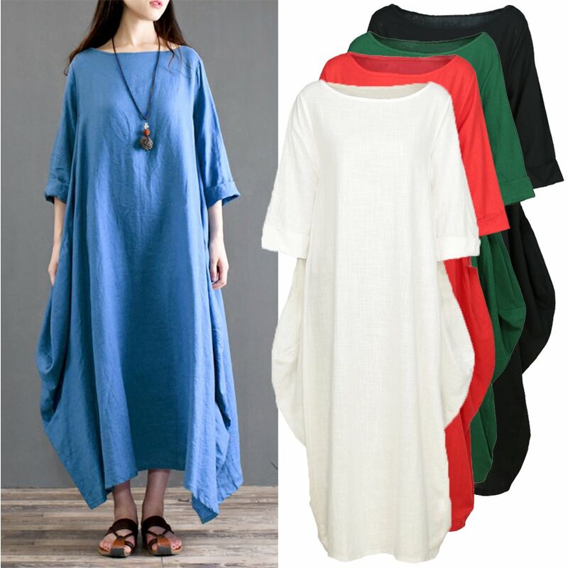 

Vestido etnico para mujer, bolsillo de algodon solido, cuello redondo, manga 3/4, holgado, holgado, Vintage, vestido largo, bata de una pieza,Negro, S