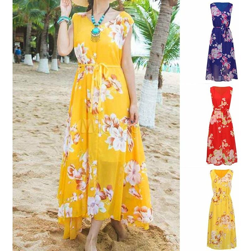 

Vestido largo de gasa de verano para mujer Vestido largo bohemio de playa informal con cuello en V y estampado floral sin mangas,Purpura, XXXXL