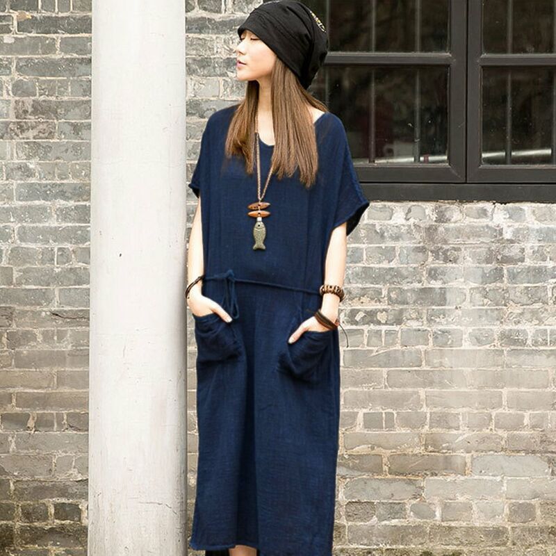 

Vestido largo holgado informal Retro de verano de gran tamano para mujer, vestido largo hasta el tobillo de manga corta solida de algodon y lino de