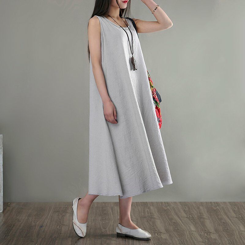 

Vestido midi suelto de verano para mujer, sin mangas, con cuello redondo, vestido de verano solido informal,Gris, M
