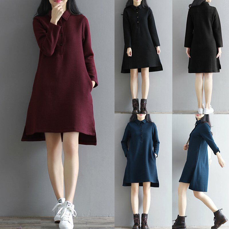 

Vestido recto acolchado para mujer Cuello vuelto a cuadros Mangas largas Bolsillos laterales Tunicas de vestir altas y bajas Vintage,Azul, XXXL