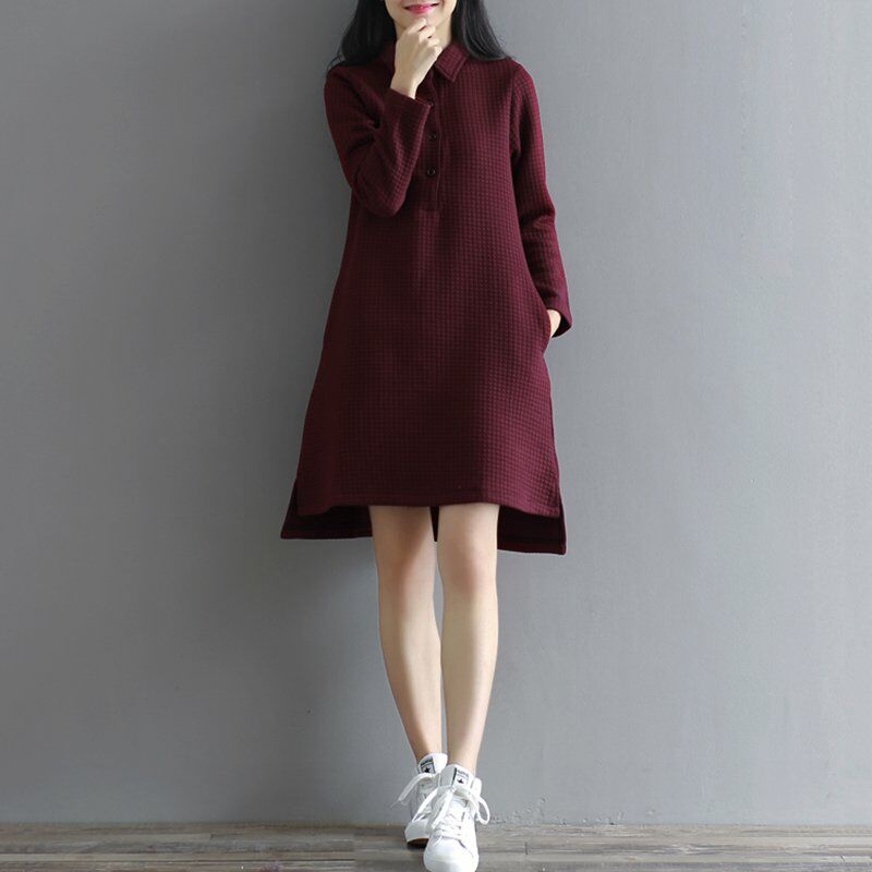 

Vestido recto acolchado para mujer Cuello vuelto a cuadros Mangas largas Bolsillos laterales Tunicas de vestir altas y bajas Vintage,Borgona, XL