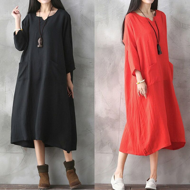 

Vestido retro de gran tamano para mujer Vestido largo suelto informal Bolsillos Vestido de talla grande solido Negro / Rojo,Rojo, M