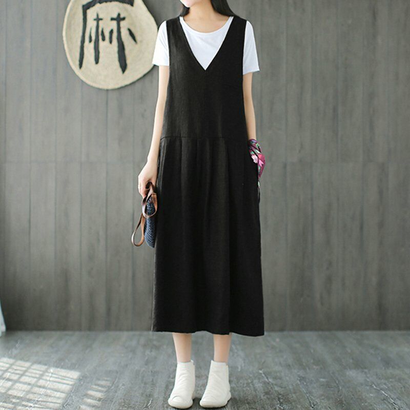 

Vestido sin mangas de algodon de mujer vintage Color solido Cuello en V Verano Tallas grandes Vestido holgado holgado, Negro, M