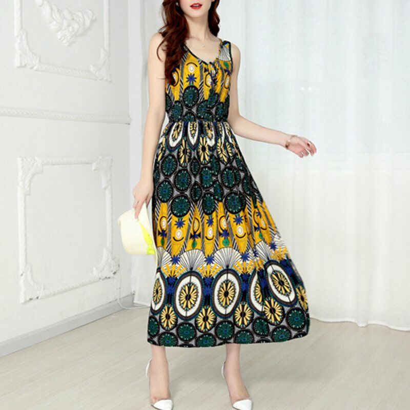 

Vestido sin mangas de mujer Vintage Boho estampado con cuello en V cordon delantero elastico de cintura alta vestido largo informal,Amarillo, L