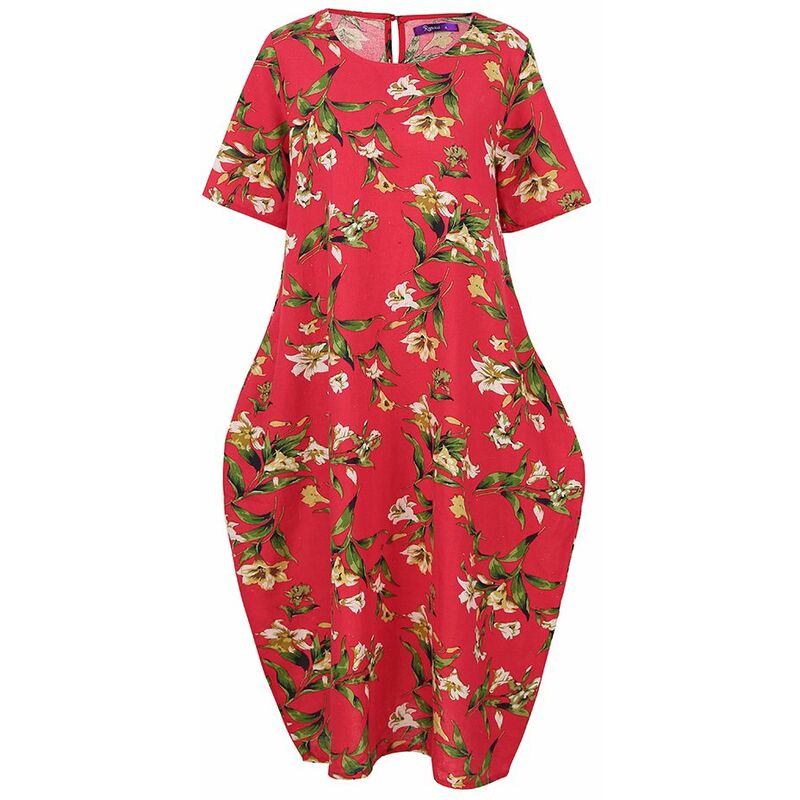 

Vestido suelto de algodon vintage para mujer, estampado floral, cuello redondo, manga corta, bolsillos, vestido retro largo informal, rojo / amarillo