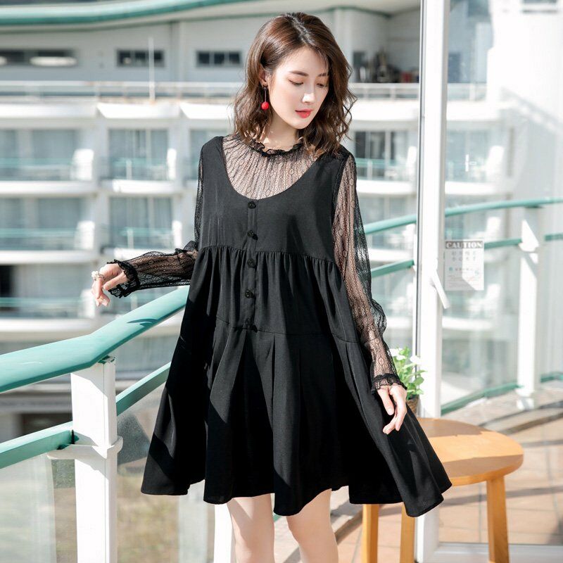 

Vestido suelto elegante para mujer, encaje, empalme, volantes, mangas largas, cuello redondo, cintura alta, vestido de fiesta midi plisado,Negro, XXXL