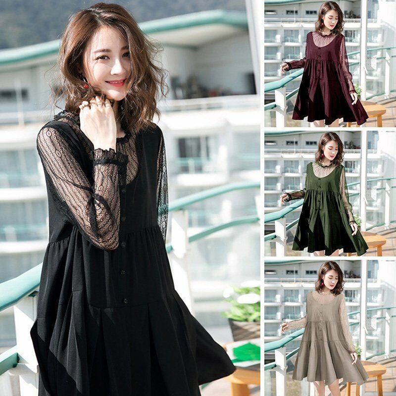 

Vestido suelto elegante para mujer, encaje, empalme, volantes, mangas largas, cuello redondo, cintura alta, vestido de fiesta midi plisado,Negro, M
