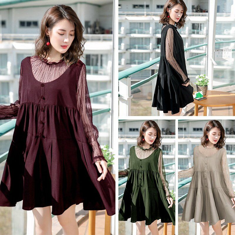 

Vestido suelto elegante para mujer, encaje, empalme, volantes, mangas largas, cuello redondo, cintura alta, vestido de fiesta midi plisado,Borgona,