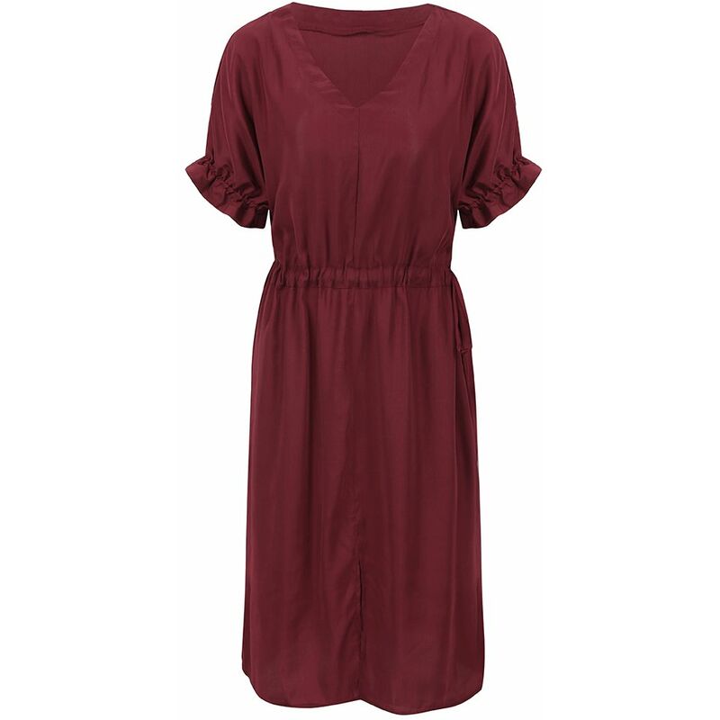 

Vestido suelto informal para mujer Medias mangas con cuello en V Cordon en la cintura Abertura frontal Vestido a media pierna solido vintage,Rojo, XL