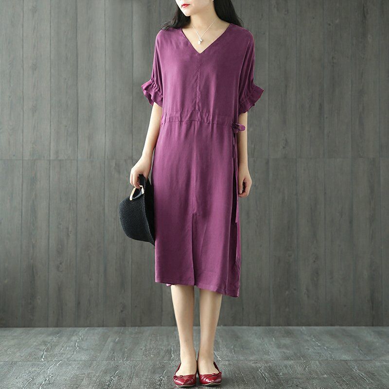 

Vestido suelto informal para mujer Medias mangas con cuello en V Cordon en la cintura Abertura frontal Vestido a media pierna solido vintage,Morado,