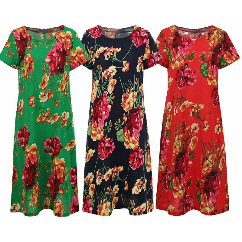 

Vestido vintage de algodon para mujer, estampado floral, cuello redondo, manga corta, informal, holgado, retro, vestido midi rojo / verde / azul