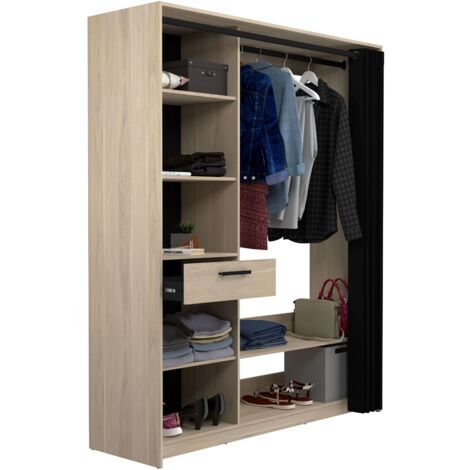Vestidor Aura para Dormitorio Estilo Moderno en Color Roble Dakota y Negro con Columnas, Estantes y Barra 161x200x50 cm