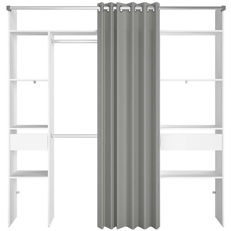 

Elysee: Vestidor con cortina + 2 armarios + 6 estantes + 2 cajones - Blanco