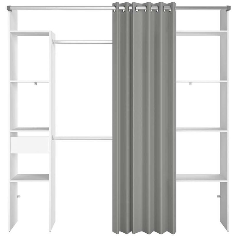 

Elysee: Vestidor con cortina gris + 2 armarios + 6 estantes + 1 cajón - Blanco