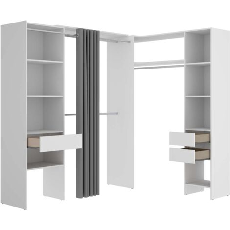 Vestidor de rincón Siles con cortina y cajones acabado blanco, 205cm(alto) 214cm(ancho) 141cm(fondo)