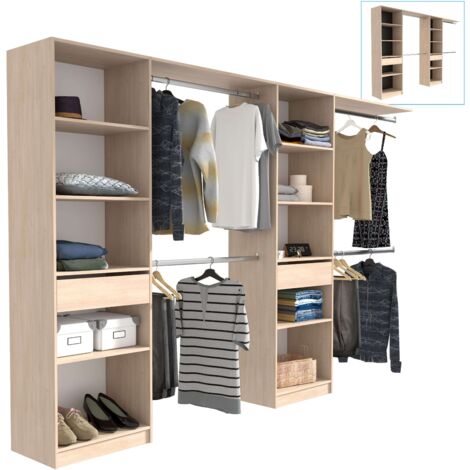 Vestidor Elios para Dormitorio en Color Madera Claro-Negro-Blanco 5 Estantes 1 Cajón 4 Barras 320x200x40 cm