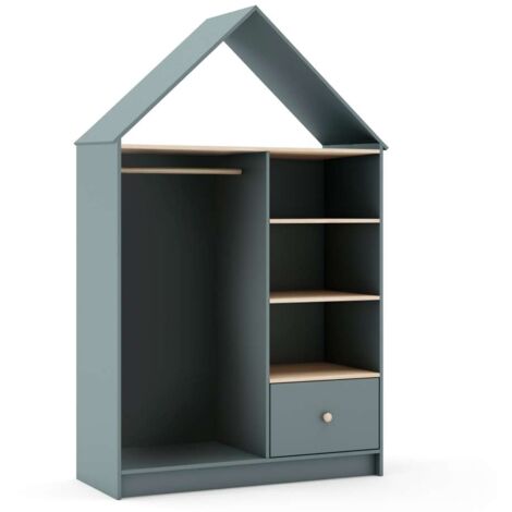 Vestidor juvenil tipo casita Estela 3 huecos y 1 cajón en verde kaki/cera blanca, 180cm(alto) 110cm(ancho) 45cm(fondo).