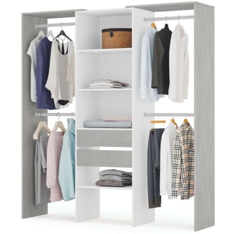 Vestidor para dormitorio con baldas y dos cajones acabado blanco artik/cemento, 202cm(alto) 179cm(ancho) 50cm(fondo)