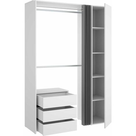 Vestidor Rus con columna cerrada cortina cajonera y baldas en blanco 205 cm(alto)140,8 cm(ancho)52 cm(fondo) Color BLANCO