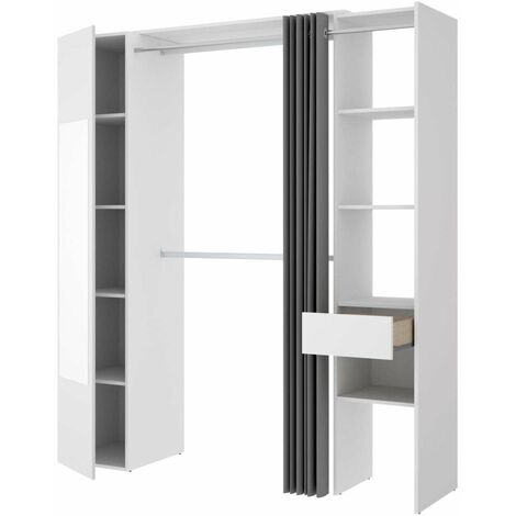 Vestidor Rus I con columna cerrada  espejo cortina y baldas en blanco 205 cm(alto)177,4 cm(ancho)52 cm(fondo)