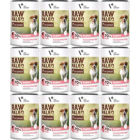 VetExpert Cibo crudo per cuccioli a base di maiale, dieta paleo, in scatola da 12 x 400 g
