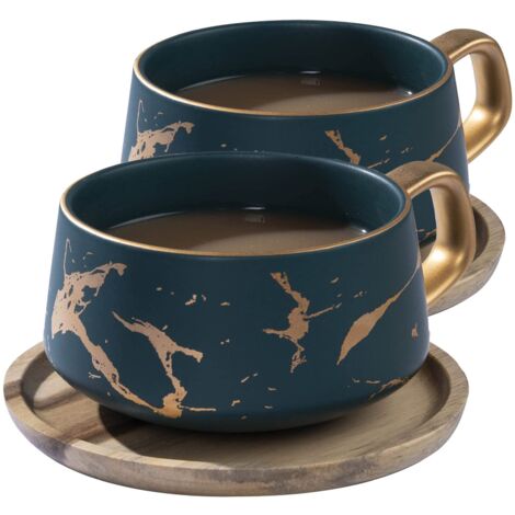 VETIN 2 tazze da cappuccino con piattino, 300 ml, in porcellana, per tè, caffè, cappuccino, tazze da caffè con disco di legno (verde2)
